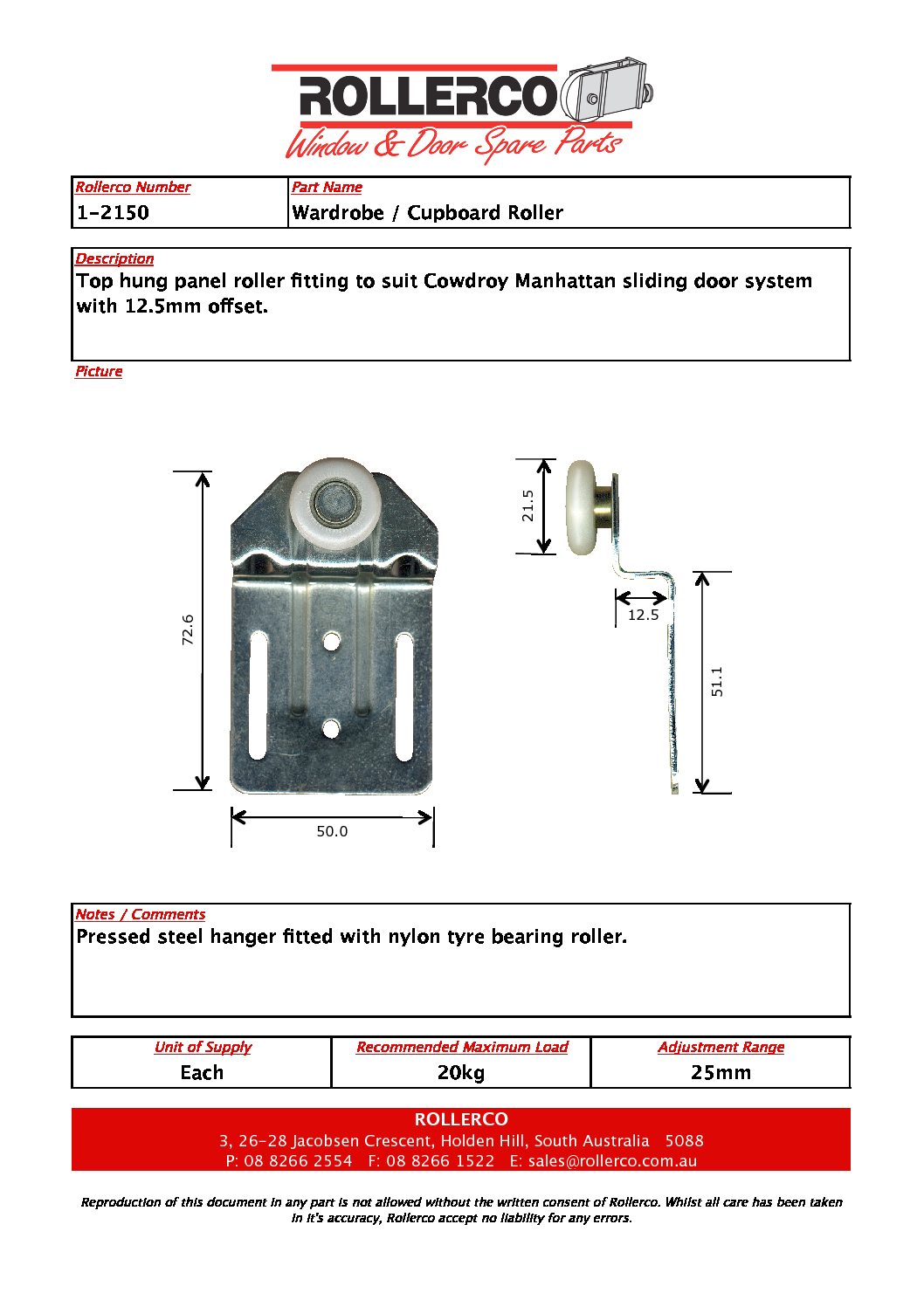 1-2150 Robe / Cupboard Roller - Rollerco For Sliding Door, Windows &Amp; Shower Replacement Parts, Rollers &Amp; Accessories. Rollerco: 40 Years Strong! 1-2150 Robe / Cupboard Roller - Image 3