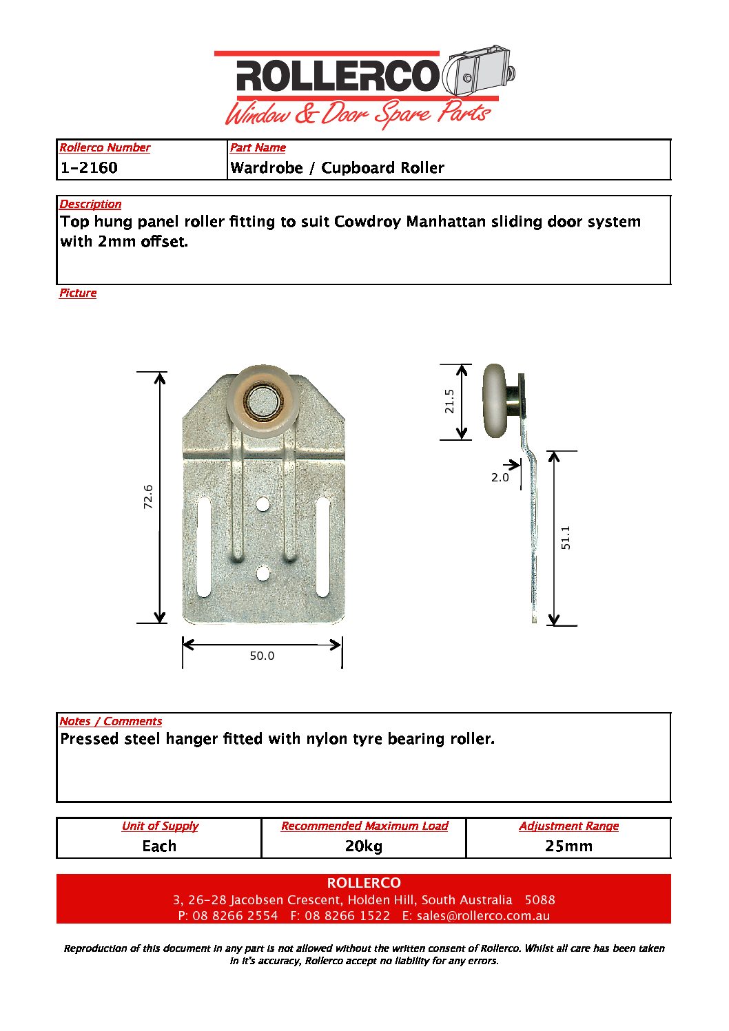 1-2160 Robe / Cupboard Roller - Rollerco For Sliding Door, Windows &Amp; Shower Replacement Parts, Rollers &Amp; Accessories. Rollerco: 40 Years Strong! 1-2160 Robe / Cupboard Roller - Image 3